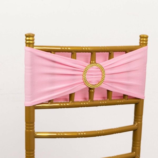 Spandex Sash Bands |  5 Pack Pink Spandex Chair Sashes with Gold Diamond Buckles, Elegant Stretch Chair Bands and Slide On Brooch Set – 5″x14″