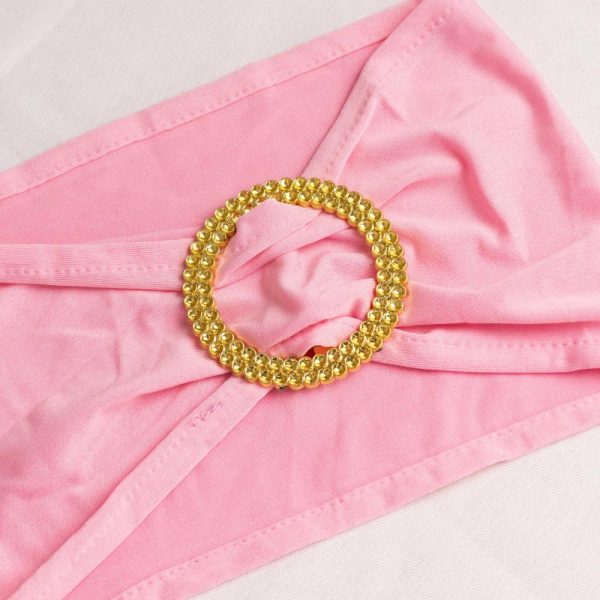 Spandex Sash Bands |  5 Pack Pink Spandex Chair Sashes with Gold Diamond Buckles, Elegant Stretch Chair Bands and Slide On Brooch Set – 5″x14″