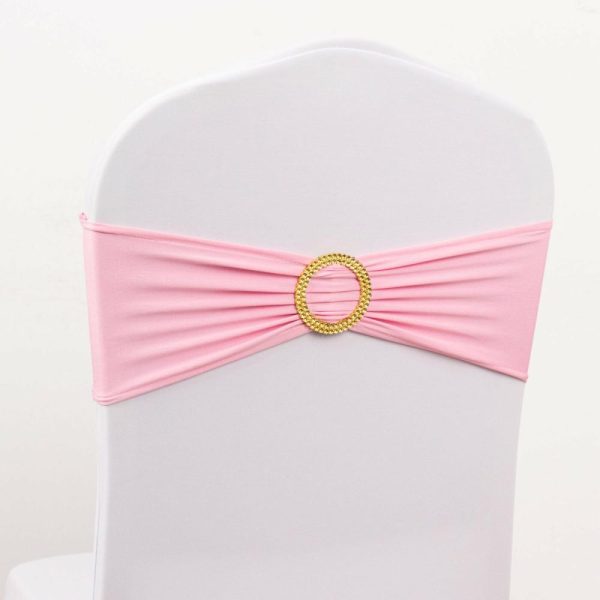 Spandex Sash Bands |  5 Pack Pink Spandex Chair Sashes with Gold Diamond Buckles, Elegant Stretch Chair Bands and Slide On Brooch Set – 5″x14″