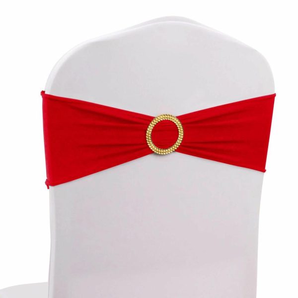 Spandex Sash Bands |  5 Pack Red Spandex Chair Sashes with Gold Diamond Buckles, Elegant Stretch Chair Bands and Slide On Brooch Set – 5″x14″