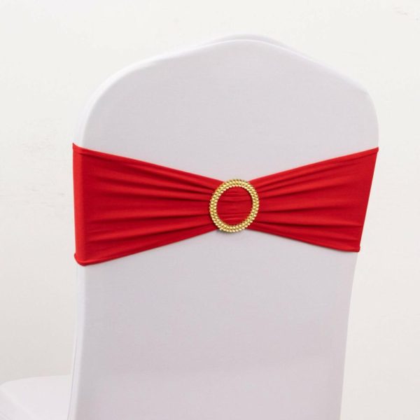 Spandex Sash Bands |  5 Pack Red Spandex Chair Sashes with Gold Diamond Buckles, Elegant Stretch Chair Bands and Slide On Brooch Set – 5″x14″