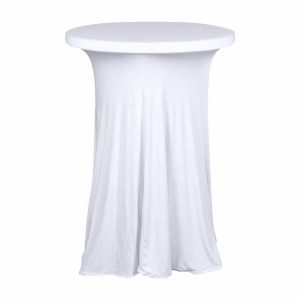 Spandex |  White Round Spandex Cocktail Table Cover With Natural Wavy Drapes