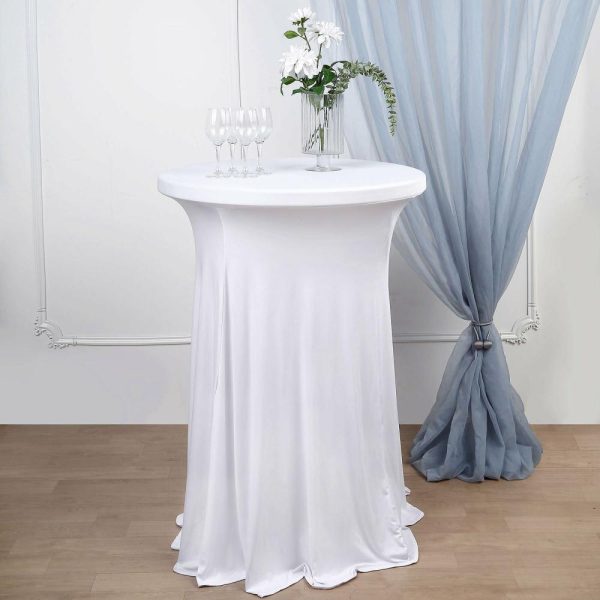 Spandex |  White Round Spandex Cocktail Table Cover With Natural Wavy Drapes