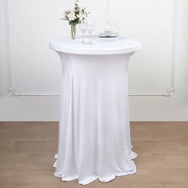 Spandex |  White Round Spandex Cocktail Table Cover With Natural Wavy Drapes