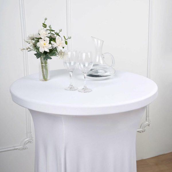 Spandex |  White Round Spandex Cocktail Table Cover With Natural Wavy Drapes