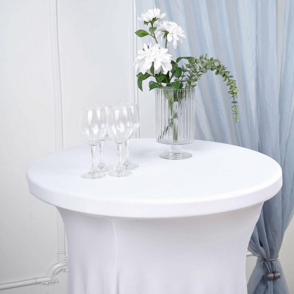 Spandex |  White Round Spandex Cocktail Table Cover With Natural Wavy Drapes