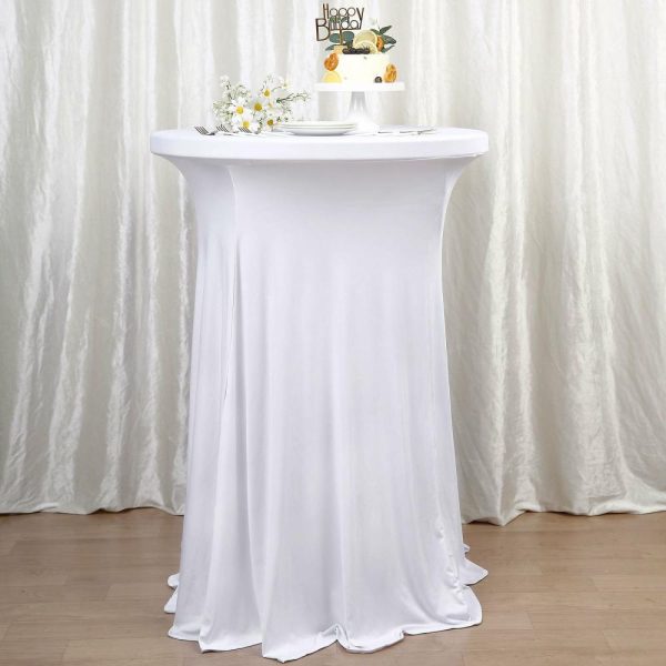 Spandex |  White Round Spandex Cocktail Table Cover With Natural Wavy Drapes