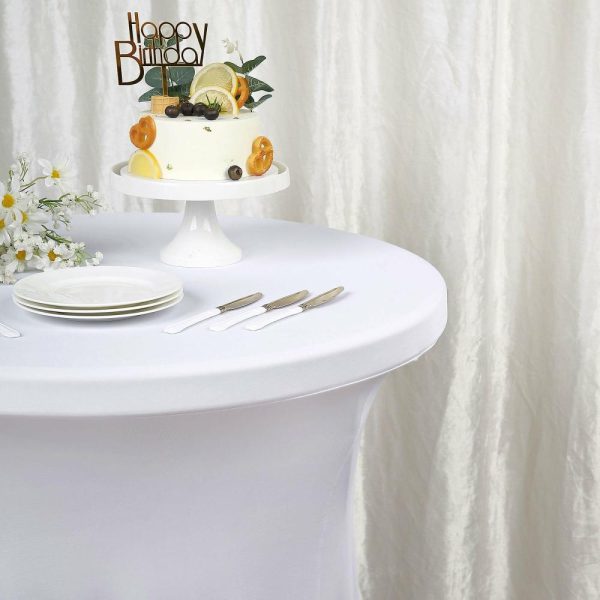 Spandex |  White Round Spandex Cocktail Table Cover With Natural Wavy Drapes