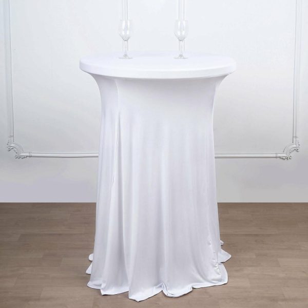 Spandex |  White Round Spandex Cocktail Table Cover With Natural Wavy Drapes