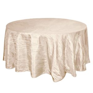 Taffeta & Velvet |  120″ Beige Seamless Accordion Crinkle Taffeta Round Tablecloth for 5 Foot Table With Floor-Length Drop