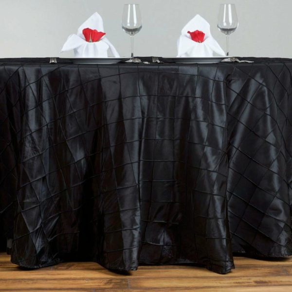 Taffeta & Velvet |  120″ Black Pintuck Round Seamless Tablecloth for 5 Foot Table With Floor-Length Drop