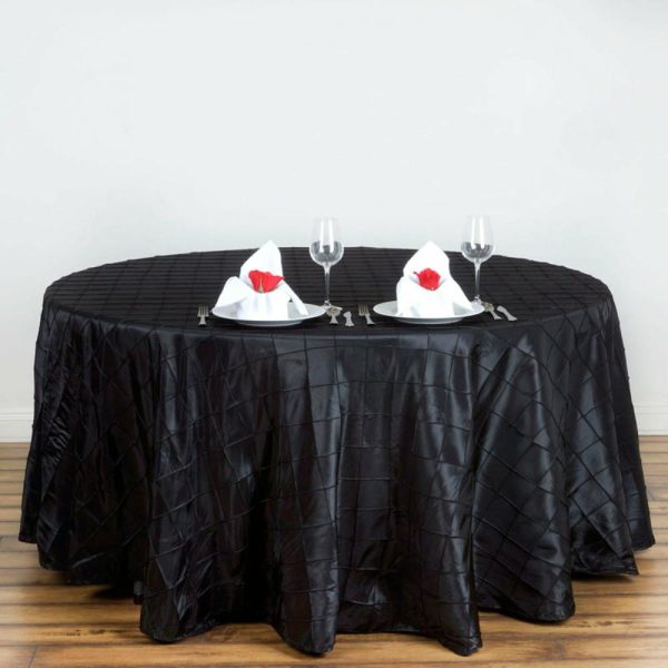 Taffeta & Velvet |  120″ Black Pintuck Round Seamless Tablecloth for 5 Foot Table With Floor-Length Drop