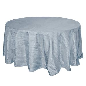 Taffeta & Velvet |  120″ Dusty Blue Seamless Accordion Crinkle Taffeta Round Tablecloth for 5 Foot Table With Floor-Length Drop