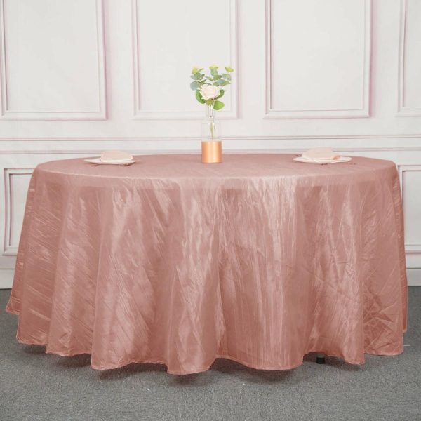 Taffeta & Velvet |  120″ Dusty Rose Seamless Accordion Crinkle Taffeta Round Tablecloth for 5 Foot Table With Floor-Length Drop