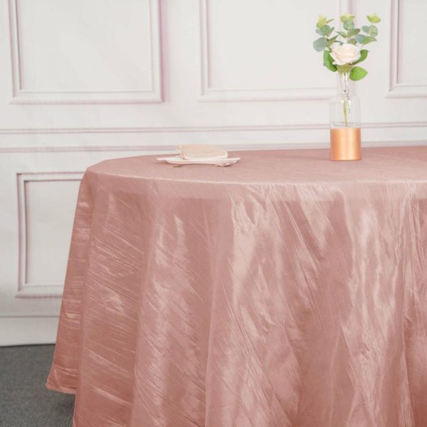 Taffeta & Velvet |  120″ Dusty Rose Seamless Accordion Crinkle Taffeta Round Tablecloth for 5 Foot Table With Floor-Length Drop