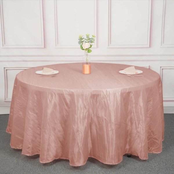 Taffeta & Velvet |  120″ Dusty Rose Seamless Accordion Crinkle Taffeta Round Tablecloth for 5 Foot Table With Floor-Length Drop