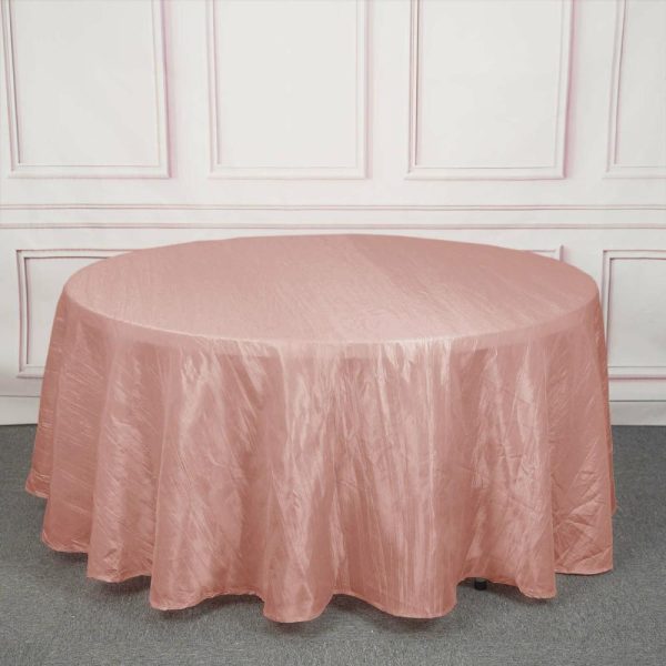 Taffeta & Velvet |  120″ Dusty Rose Seamless Accordion Crinkle Taffeta Round Tablecloth for 5 Foot Table With Floor-Length Drop