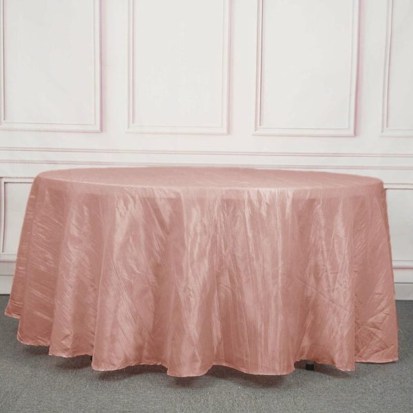 Taffeta & Velvet |  120″ Dusty Rose Seamless Accordion Crinkle Taffeta Round Tablecloth for 5 Foot Table With Floor-Length Drop