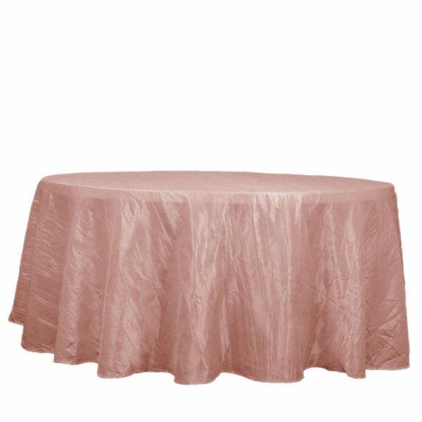 Taffeta & Velvet |  120″ Dusty Rose Seamless Accordion Crinkle Taffeta Round Tablecloth for 5 Foot Table With Floor-Length Drop