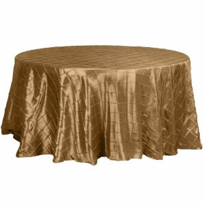 Taffeta & Velvet |  120″ Gold Pintuck Round Seamless Tablecloth for 5 Foot Table With Floor-Length Drop