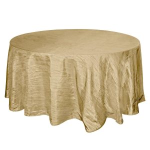 Taffeta & Velvet |  120″ Gold Seamless Accordion Crinkle Taffeta Round Tablecloth for 5 Foot Table With Floor-Length Drop