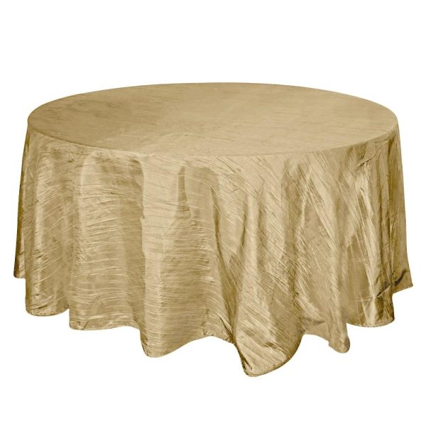 Taffeta & Velvet |  120″ Gold Seamless Accordion Crinkle Taffeta Round Tablecloth for 5 Foot Table With Floor-Length Drop