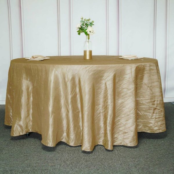 Taffeta & Velvet |  120″ Gold Seamless Accordion Crinkle Taffeta Round Tablecloth for 5 Foot Table With Floor-Length Drop