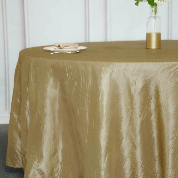 Taffeta & Velvet |  120″ Gold Seamless Accordion Crinkle Taffeta Round Tablecloth for 5 Foot Table With Floor-Length Drop