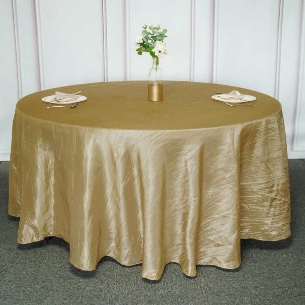 Taffeta & Velvet |  120″ Gold Seamless Accordion Crinkle Taffeta Round Tablecloth for 5 Foot Table With Floor-Length Drop