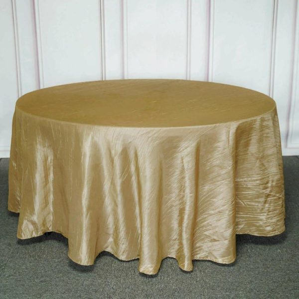 Taffeta & Velvet |  120″ Gold Seamless Accordion Crinkle Taffeta Round Tablecloth for 5 Foot Table With Floor-Length Drop