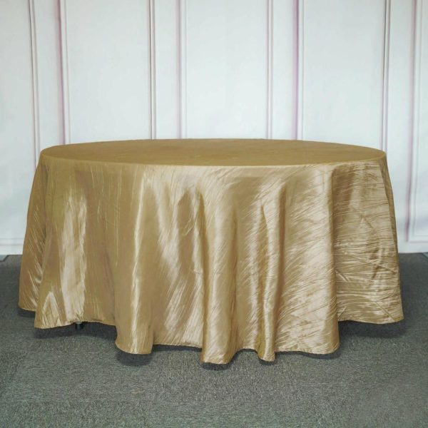 Taffeta & Velvet |  120″ Gold Seamless Accordion Crinkle Taffeta Round Tablecloth for 5 Foot Table With Floor-Length Drop