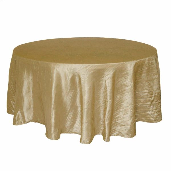 Taffeta & Velvet |  120″ Gold Seamless Accordion Crinkle Taffeta Round Tablecloth for 5 Foot Table With Floor-Length Drop