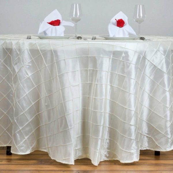 Taffeta & Velvet |  120″ Ivory Pintuck Round Seamless Tablecloth for 5 Foot Table With Floor-Length Drop