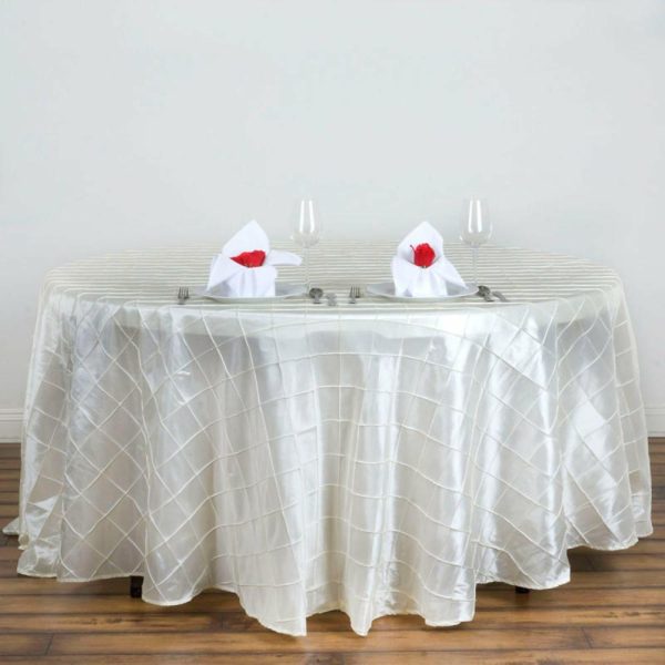 Taffeta & Velvet |  120″ Ivory Pintuck Round Seamless Tablecloth for 5 Foot Table With Floor-Length Drop