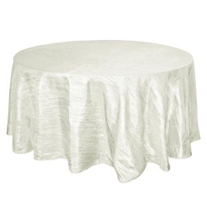 Taffeta & Velvet |  120″ Ivory Seamless Accordion Crinkle Taffeta Round Tablecloth for 5 Foot Table With Floor-Length Drop