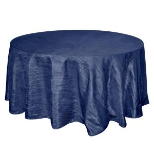 Taffeta & Velvet |  120″ Navy Blue Seamless Accordion Crinkle Taffeta Round Tablecloth for 5 Foot Table With Floor-Length Drop