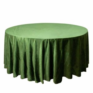 Taffeta & Velvet |  120″ Olive Green Seamless Premium Velvet Round Tablecloth, Reusable Linen for 5 Foot Table With Floor-Length Drop