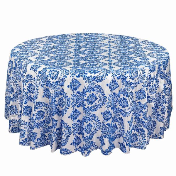 Taffeta & Velvet |  120″ Royal Blue Seamless Round Velvet Flocking Design Taffeta Damask Tablecloth for 5 Foot Table With Floor-Length Drop