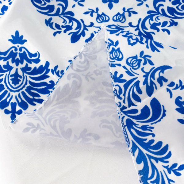 Taffeta & Velvet |  120″ Royal Blue Seamless Round Velvet Flocking Design Taffeta Damask Tablecloth for 5 Foot Table With Floor-Length Drop