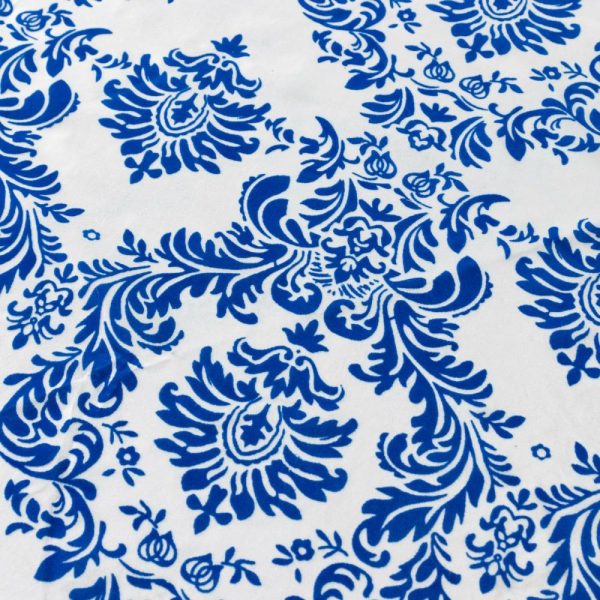 Taffeta & Velvet |  120″ Royal Blue Seamless Round Velvet Flocking Design Taffeta Damask Tablecloth for 5 Foot Table With Floor-Length Drop