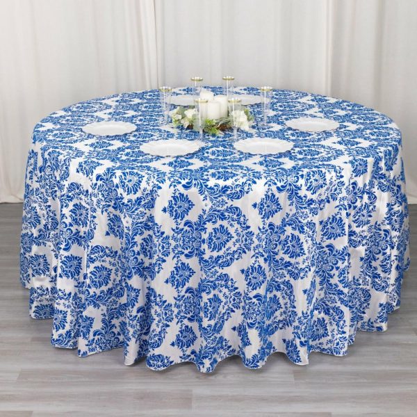 Taffeta & Velvet |  120″ Royal Blue Seamless Round Velvet Flocking Design Taffeta Damask Tablecloth for 5 Foot Table With Floor-Length Drop