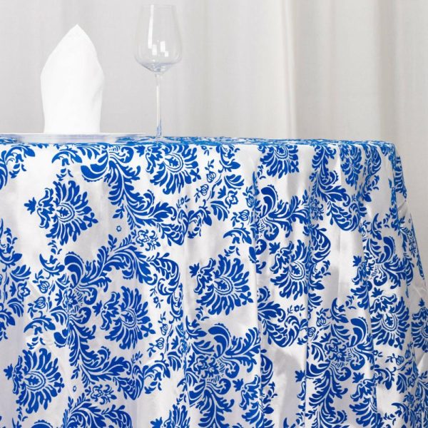 Taffeta & Velvet |  120″ Royal Blue Seamless Round Velvet Flocking Design Taffeta Damask Tablecloth for 5 Foot Table With Floor-Length Drop