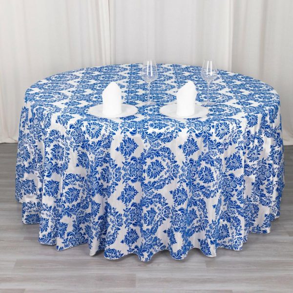 Taffeta & Velvet |  120″ Royal Blue Seamless Round Velvet Flocking Design Taffeta Damask Tablecloth for 5 Foot Table With Floor-Length Drop