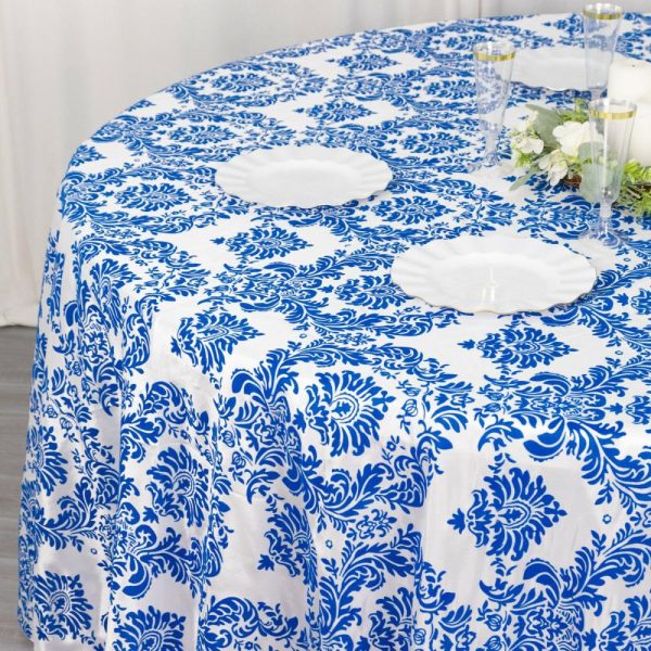 Taffeta & Velvet |  120″ Royal Blue Seamless Round Velvet Flocking Design Taffeta Damask Tablecloth for 5 Foot Table With Floor-Length Drop