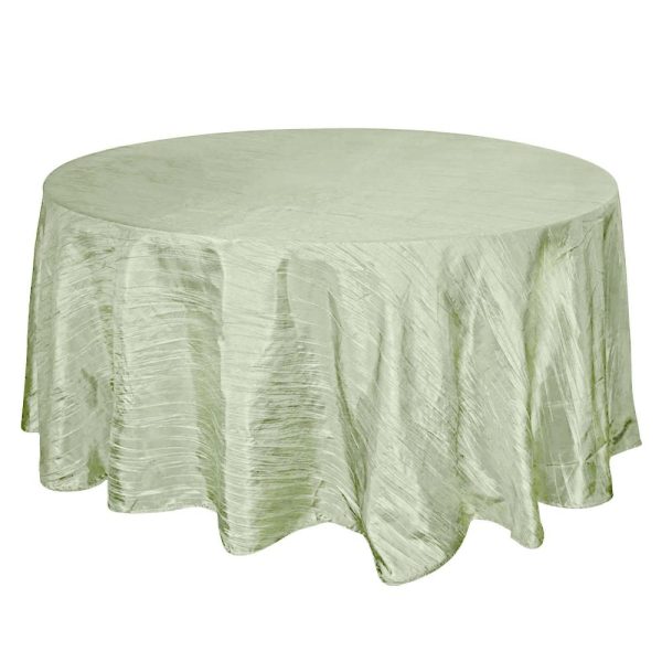 Taffeta & Velvet |  120″ Sage Green Seamless Accordion Crinkle Taffeta Round Tablecloth for 5 Foot Table With Floor-Length Drop