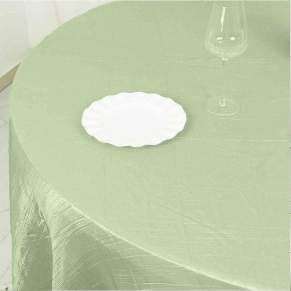 Taffeta & Velvet |  120″ Sage Green Seamless Accordion Crinkle Taffeta Round Tablecloth for 5 Foot Table With Floor-Length Drop