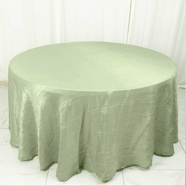 Taffeta & Velvet |  120″ Sage Green Seamless Accordion Crinkle Taffeta Round Tablecloth for 5 Foot Table With Floor-Length Drop