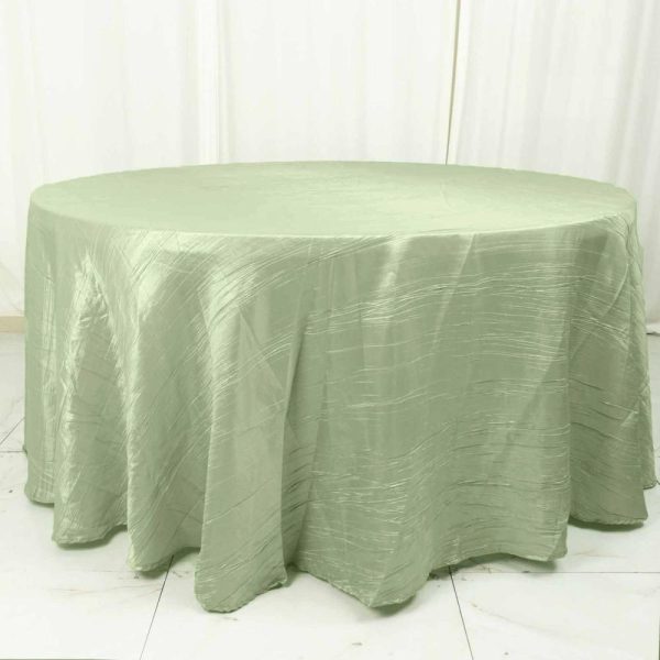 Taffeta & Velvet |  120″ Sage Green Seamless Accordion Crinkle Taffeta Round Tablecloth for 5 Foot Table With Floor-Length Drop