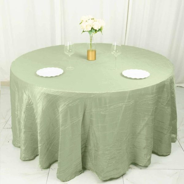 Taffeta & Velvet |  120″ Sage Green Seamless Accordion Crinkle Taffeta Round Tablecloth for 5 Foot Table With Floor-Length Drop