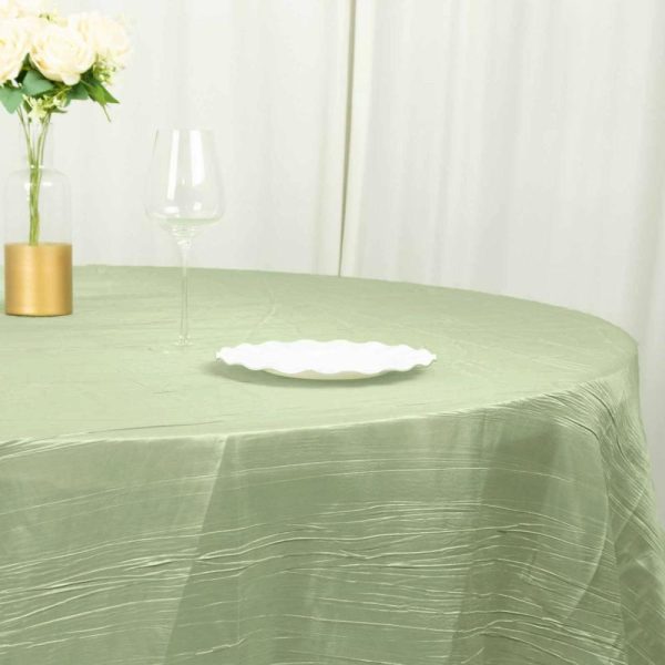 Taffeta & Velvet |  120″ Sage Green Seamless Accordion Crinkle Taffeta Round Tablecloth for 5 Foot Table With Floor-Length Drop